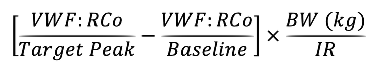 Equation from Vonvendi dosing chart showing VWF:RCo dosage adjustment based on target peak, baseline, body weight in kilograms, and infusion rate, used for calculating dosing in surgical settings.